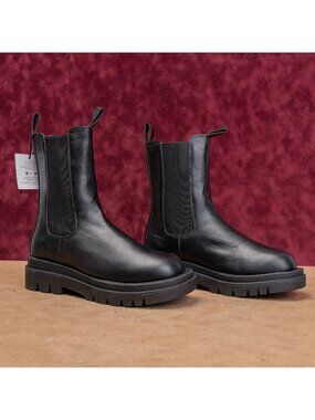 Aquatherm Women Chlo Mid Calf Black Leather Festival Chelsea Boots sz 9